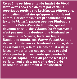 Casella di testo: Ce pome est bien entendu inspir de Vingt mille lieues sous les mers et par certains reportages repris dans Le Magasin pittoresque, publication populaire qu'apprciait Rimbaud enfant. Par exemple, c'est probablement  un texte du Magasin pittoresque que Rimbaud a emprunt l'ide d'une le flottante, qui est devenue chez lui des Pninsules dmarres. Il n'est pas non plus douteux que Rimbaud se souvienne du Voyage, texte sur lequel Baudelaire termine ses Fleurs du mal.Au del de ces rminiscences, Rimbaud exprime, dans Le Bateau ivre,  la fois le dsir qu'il a de se laisser emporter par ses aventures et celui d'tre purifi (cf. l'eau verte qui pntre la coque de sapin). La fin du pome n'est pas parfaitement claire, mais on y dcle du dsespoir, un sentiment d'impuissance.

