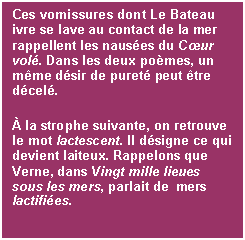 Casella di testo: Ces vomissures dont Le Bateau ivre se lave au contact de la mer rappellent les nauses du Cur vol. Dans les deux pomes, un mme dsir de puret peut tre dcel.
 la strophe suivante, on retrouve le mot lactescent. Il dsigne ce qui devient laiteux. Rappelons que Verne, dans Vingt mille lieues sous les mers, parlait de  mers lactifies.

